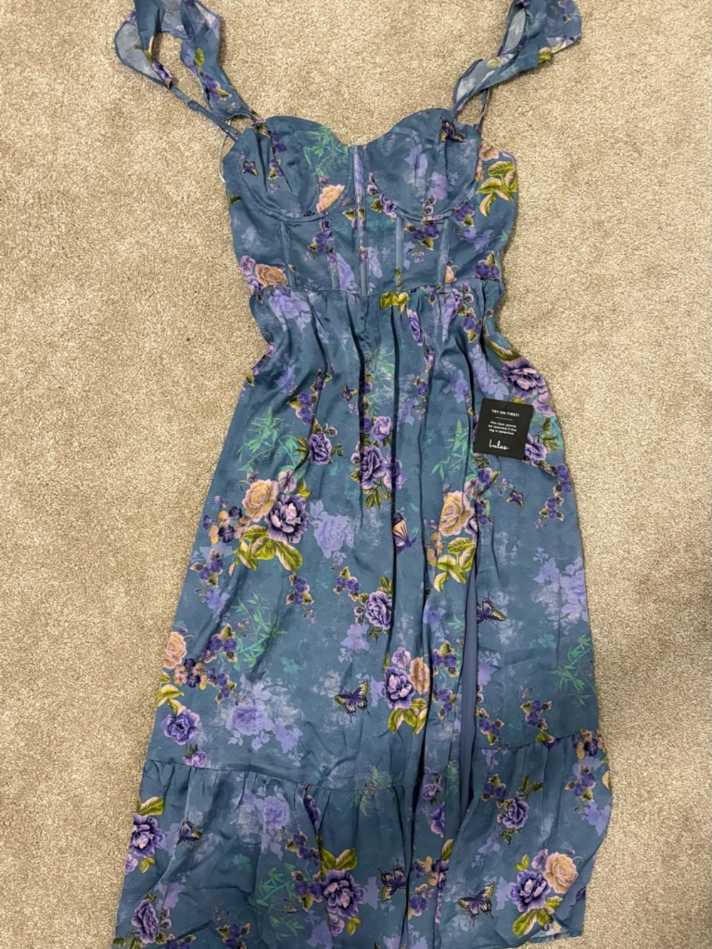 NWT Lulu's Blue Floral Ruffle Strap Midi Dress with Side Slit - Picture 3 of 4